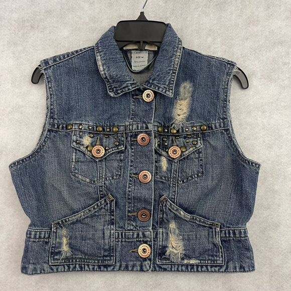 Z Cavaricci Trucker Jacket Vest Womens Sz M Blue Distressed Studded Buttons VTG - Picture 4 of 11